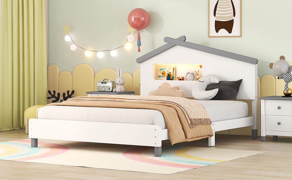 Full Size Wood Platform Bed With House Shaped Headboard And Motion Activated Night Lights White Gray White Wood