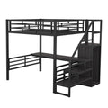 Full Size Metal Loft Bed With Desk, Storage Staircase And Small Wardrobe, Storage Stairs Can Be Installed Left And Right,Black Full Black Metal