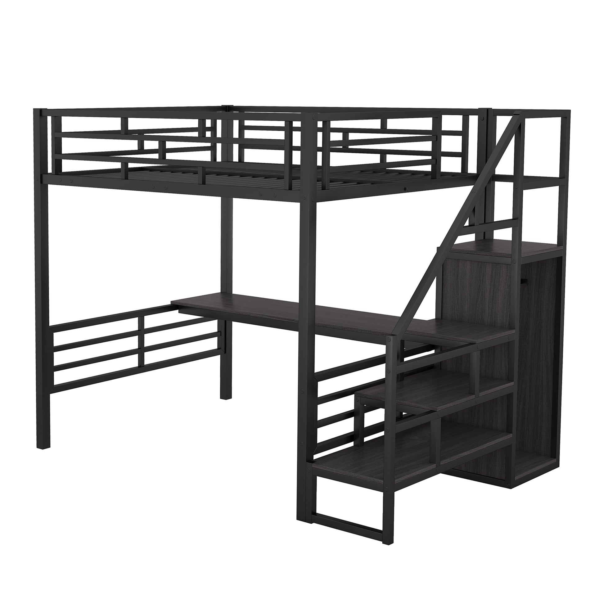 Full Size Metal Loft Bed With Desk, Storage Staircase And Small Wardrobe, Storage Stairs Can Be Installed Left And Right,Black Full Black Metal