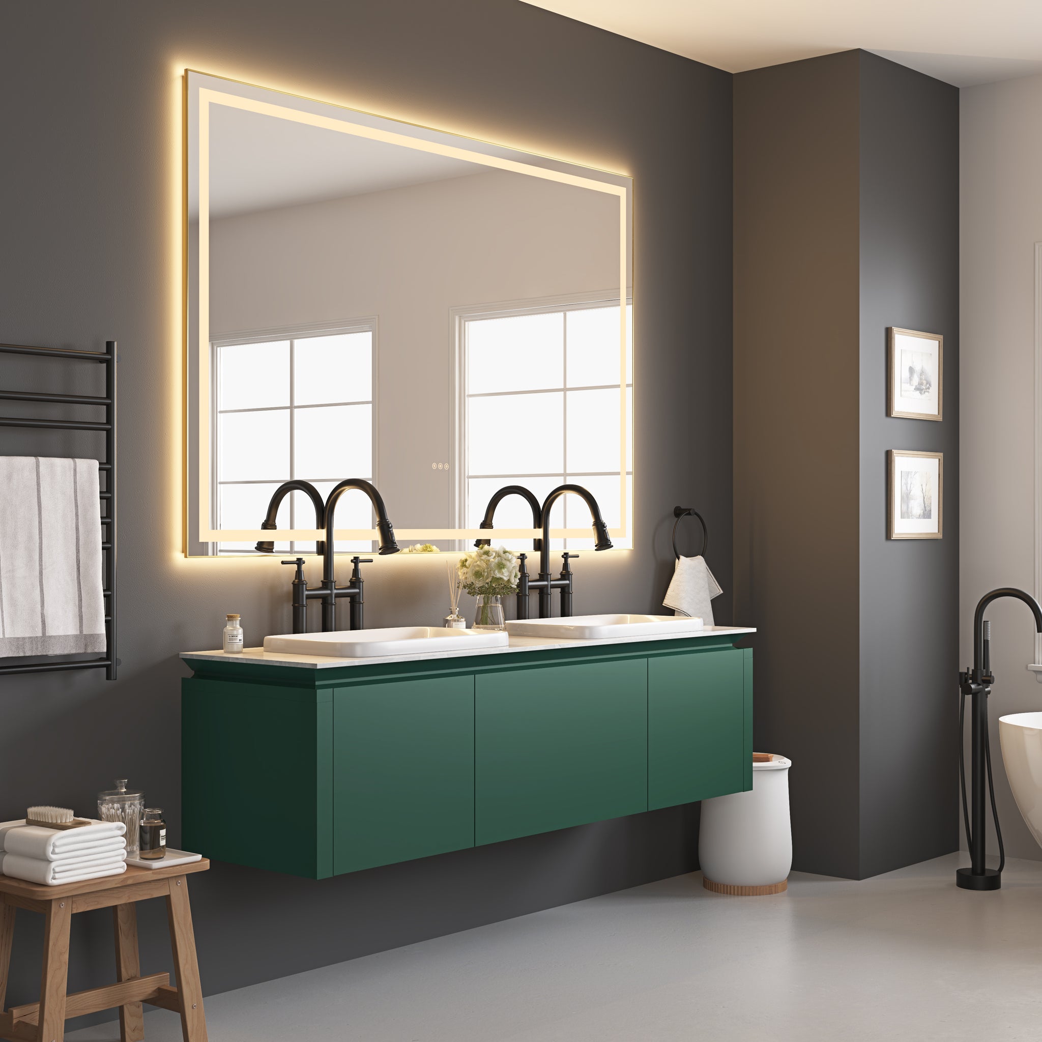 84In. W X 48In. H Oversized Rectangular Black Framed Led Mirror Anti Fog Dimmable Wall Mount Bathroom Vanity Mirror Hd Wall Mirror Kit For Gym And Dance Studio 48X 84Inches With Safety Ba Matte Black Aluminium