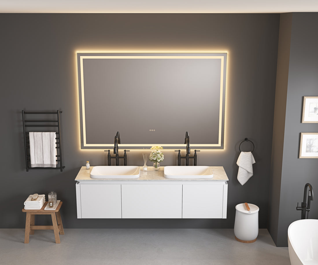 72In. W X 48In. H Oversized Rectangular Black Framed Led Mirror Anti Fog Dimmable Wall Mount Bathroom Vanity Mirror Hd Wall Mirror Kit For Gym And Dance Studio 48X 72Inches With Safety Ba Gold Aluminium
