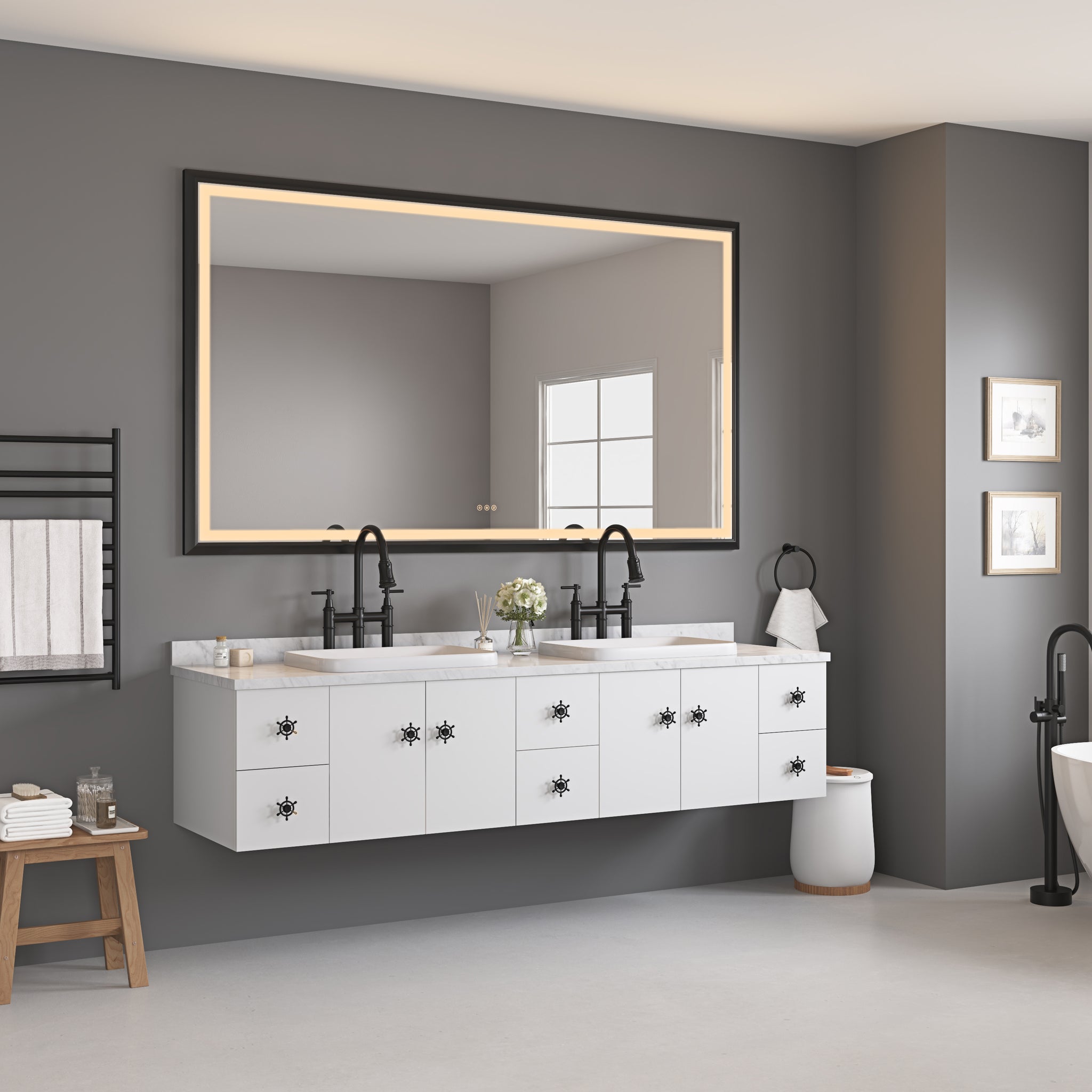 84In. W X 48In. H Oversized Rectangular Black Framed Led Mirror Anti Fog Dimmable Wall Mount Bathroom Vanity Mirror Hd Wall Mirror Kit For Gym And Dance Studio 48X 72Inches With Safety Ba Matt Black Aluminum