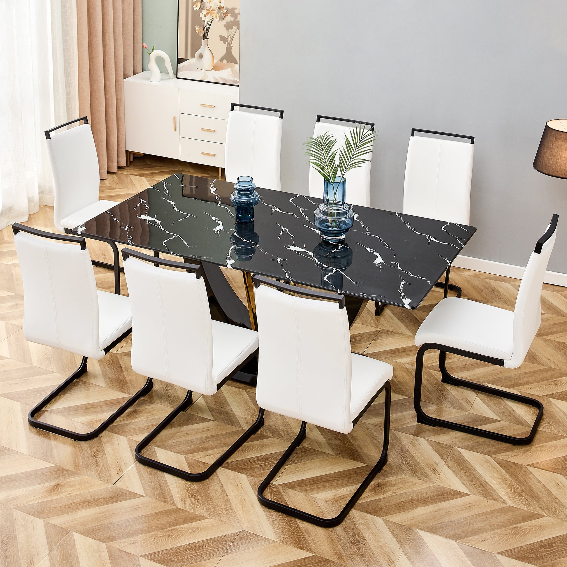 Modern Minimalist And Luxurious Black Imitation Marble Texture Dining Table Rectangular Office Desk.Game Desk .Desk.For Dining Room, Living Room, Terrace, Kitchen F 907 Black Mdf