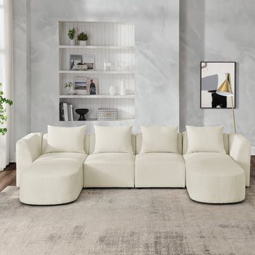 U Shape Sectional Sofa Including Two Single Seats And Two Chaises, Modular Sofa, Diy Combination, Loop Yarn Fabric, Beige Ivory Wood Medium Soft Tight Back Eucalyptus Square Arms Polyester 5 Seat