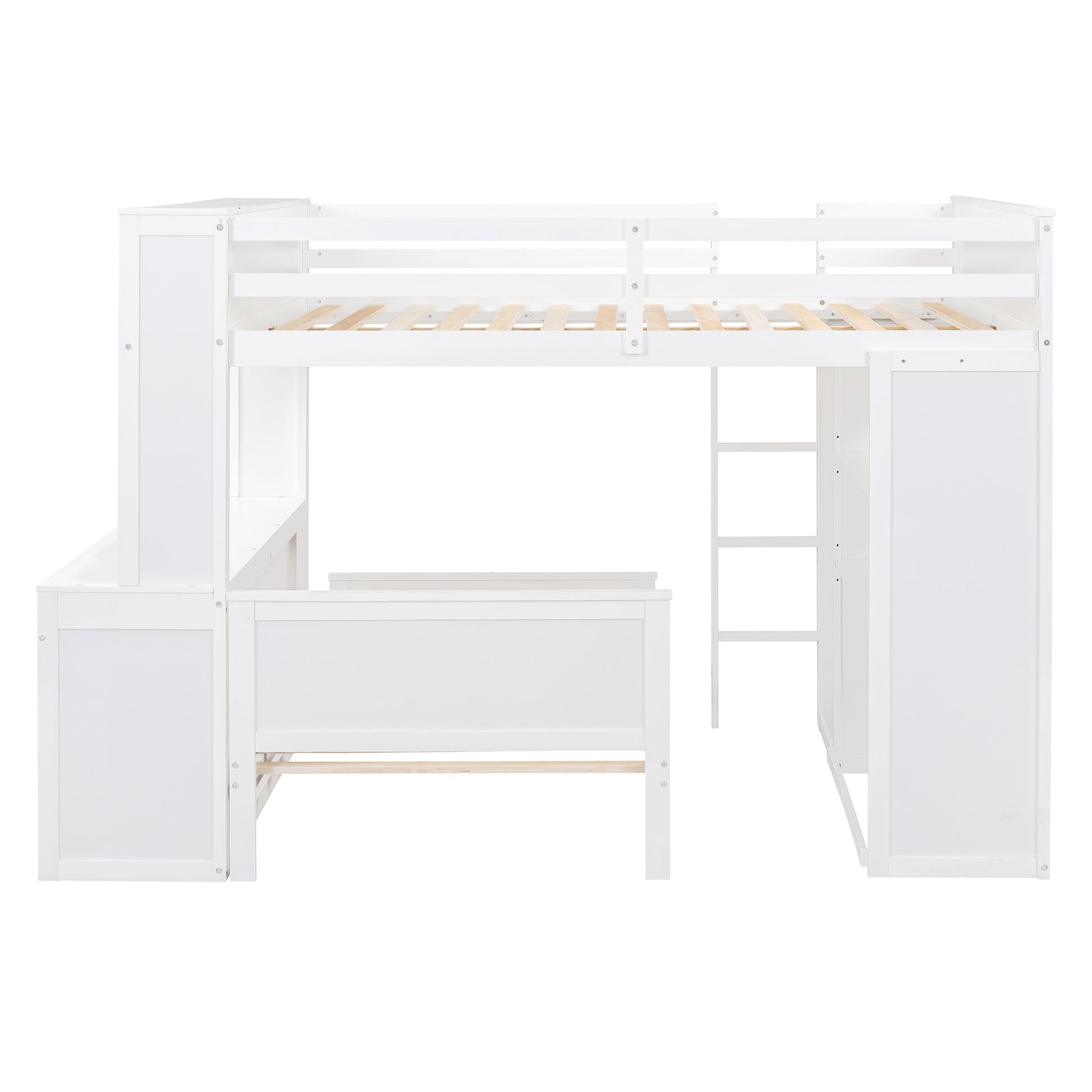 Full Size Loft Bed With A Twin Size Stand Alone Bed, Shelves,Desk,And Wardrobe White White Solid Wood