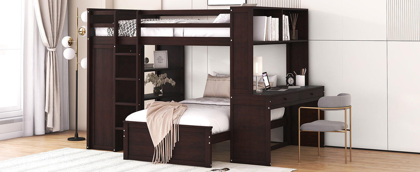 Full Size Loft Bed With A Twin Size Stand Alone Bed, Shelves,Desk,And Wardrobe Espresso Espresso Solid Wood