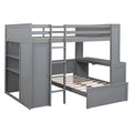 Full Size Loft Bed With A Twin Size Stand Alone Bed, Shelves,Desk,And Wardrobe Gray Gray Solid Wood
