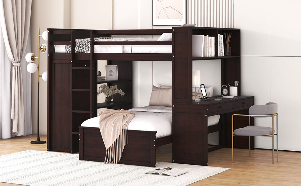 Full Size Loft Bed With A Twin Size Stand Alone Bed, Shelves,Desk,And Wardrobe Espresso Espresso Solid Wood