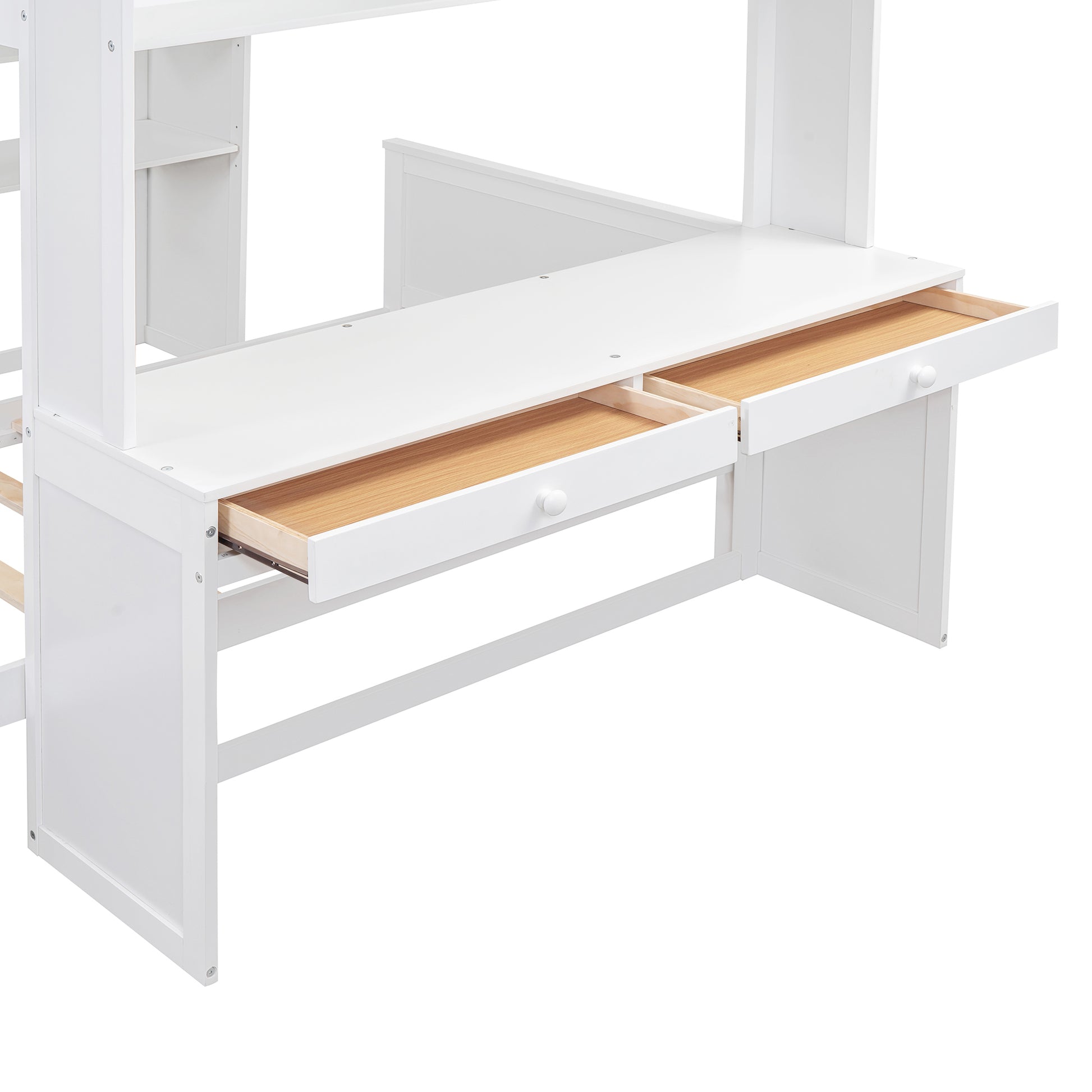 Full Size Loft Bed With A Twin Size Stand Alone Bed, Shelves,Desk,And Wardrobe White White Solid Wood