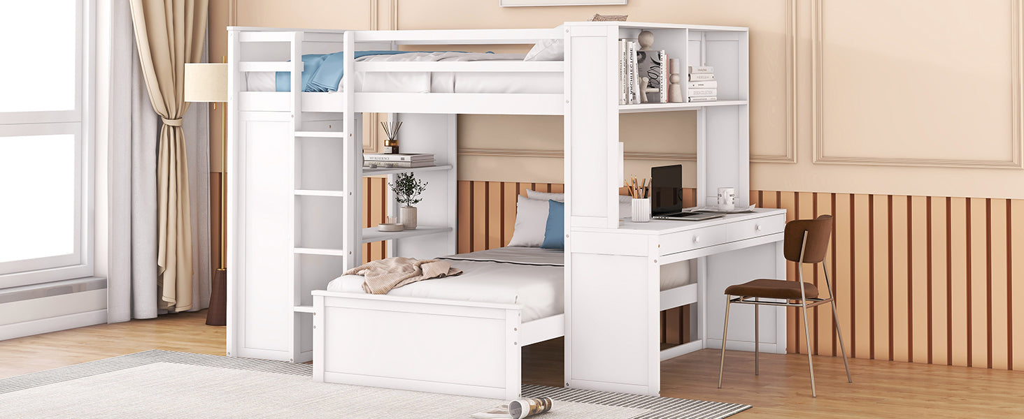 Full Size Loft Bed With A Twin Size Stand Alone Bed, Shelves,Desk,And Wardrobe White White Solid Wood