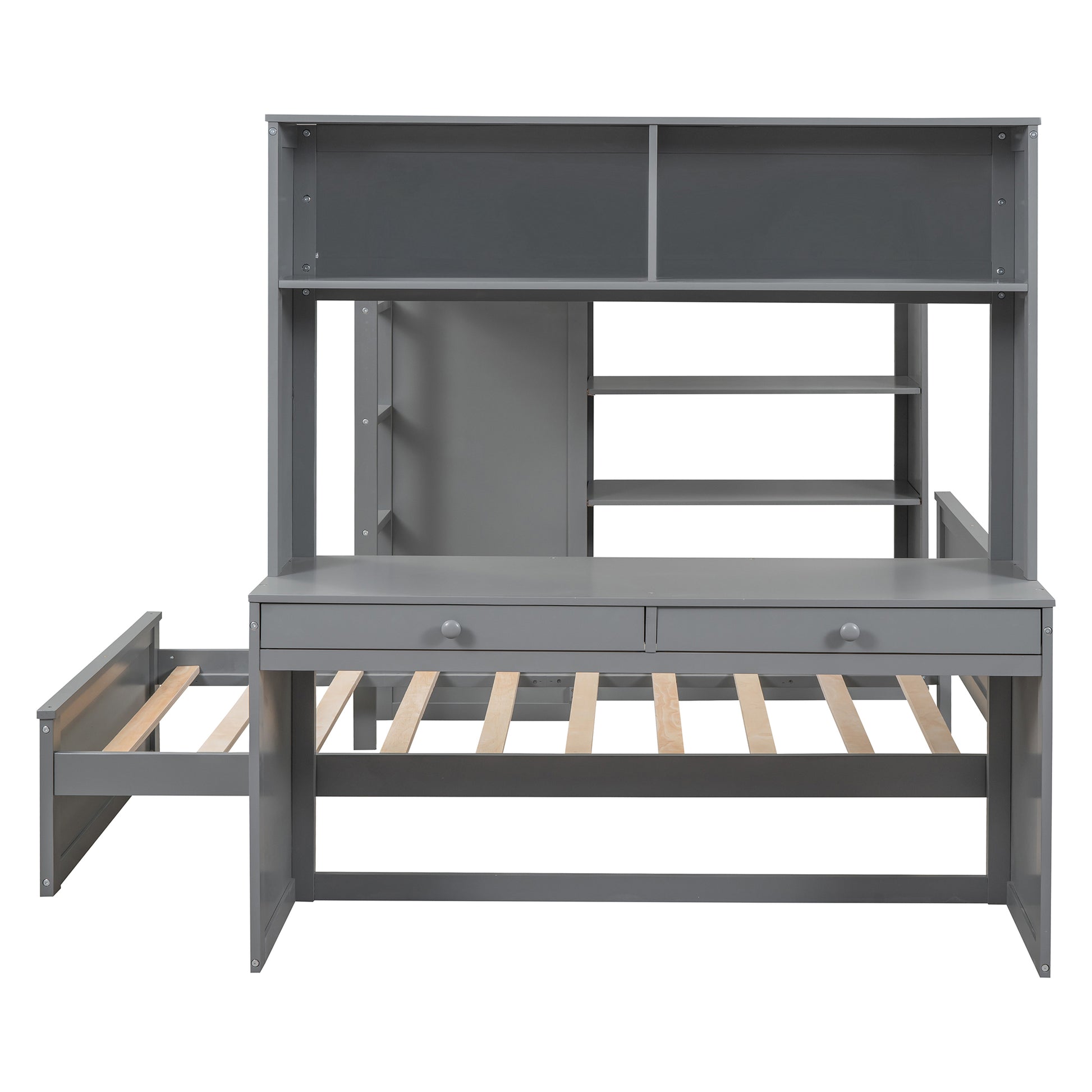 Full Size Loft Bed With A Twin Size Stand Alone Bed, Shelves,Desk,And Wardrobe Gray Gray Solid Wood