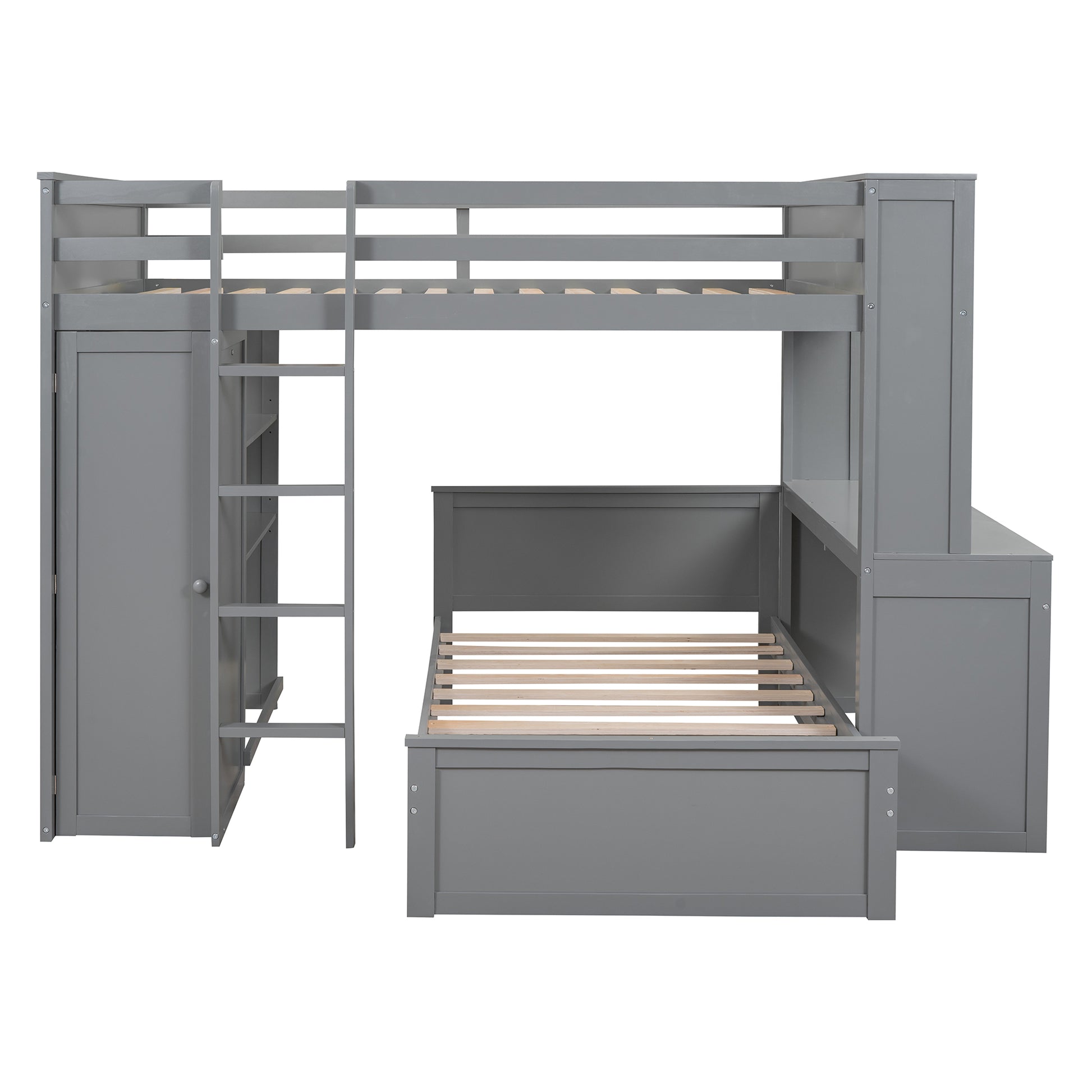 Full Size Loft Bed With A Twin Size Stand Alone Bed, Shelves,Desk,And Wardrobe Gray Gray Solid Wood
