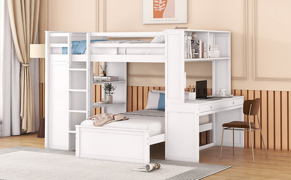 Full Size Loft Bed With A Twin Size Stand Alone Bed, Shelves,Desk,And Wardrobe White White Solid Wood