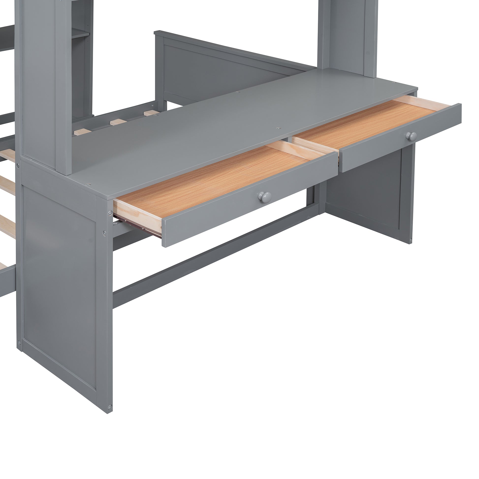 Full Size Loft Bed With A Twin Size Stand Alone Bed, Shelves,Desk,And Wardrobe Gray Gray Solid Wood