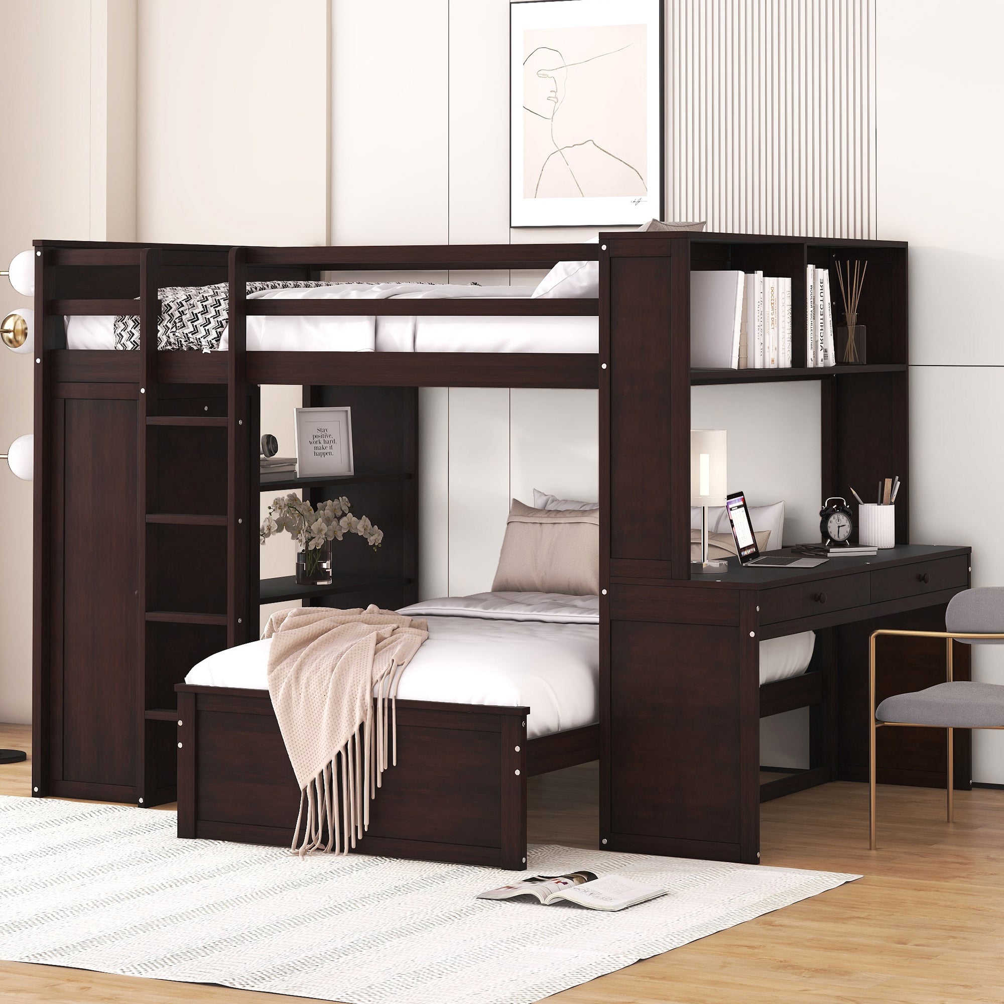 Full Size Loft Bed With A Twin Size Stand Alone Bed, Shelves,Desk,And Wardrobe Espresso Espresso Solid Wood