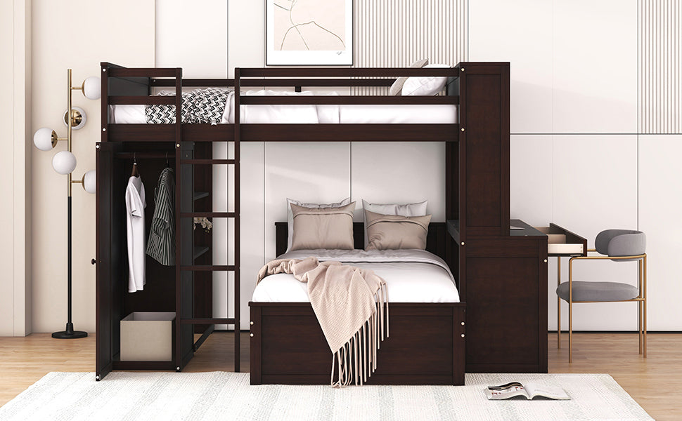 Full Size Loft Bed With A Twin Size Stand Alone Bed, Shelves,Desk,And Wardrobe Espresso Espresso Solid Wood