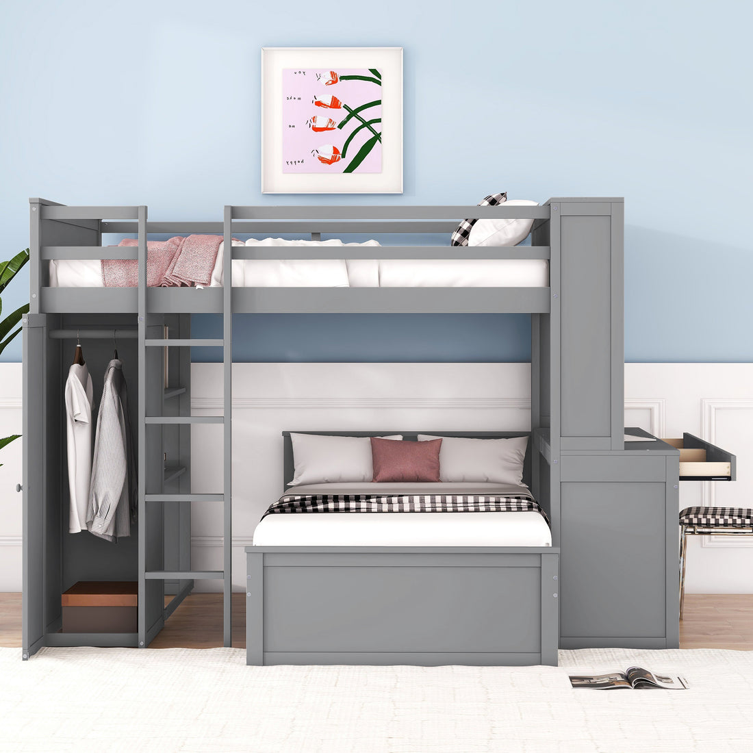 Full Size Loft Bed With A Twin Size Stand Alone Bed, Shelves,Desk,And Wardrobe Gray Gray Solid Wood