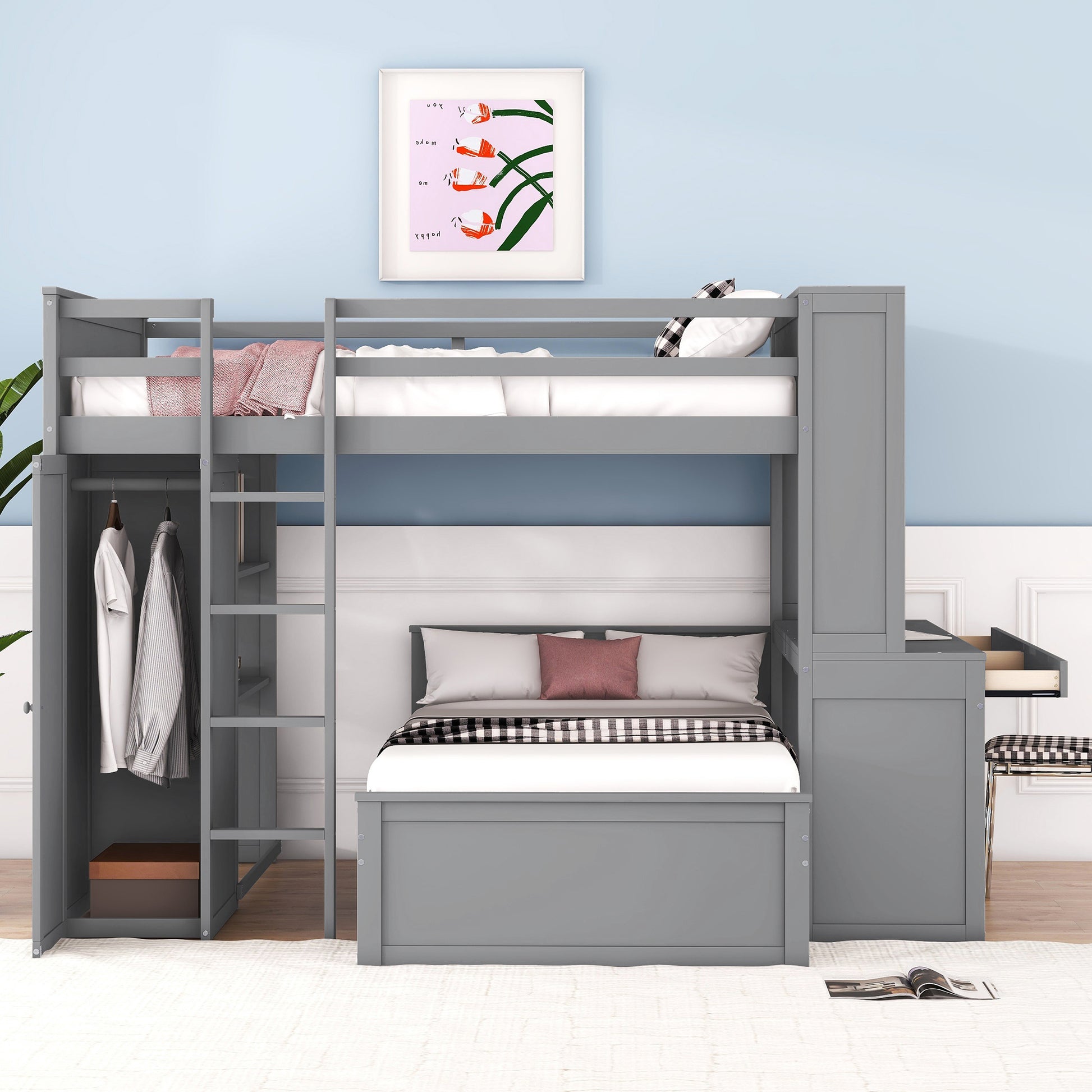 Full Size Loft Bed With A Twin Size Stand Alone Bed, Shelves,Desk,And Wardrobe Gray Gray Solid Wood