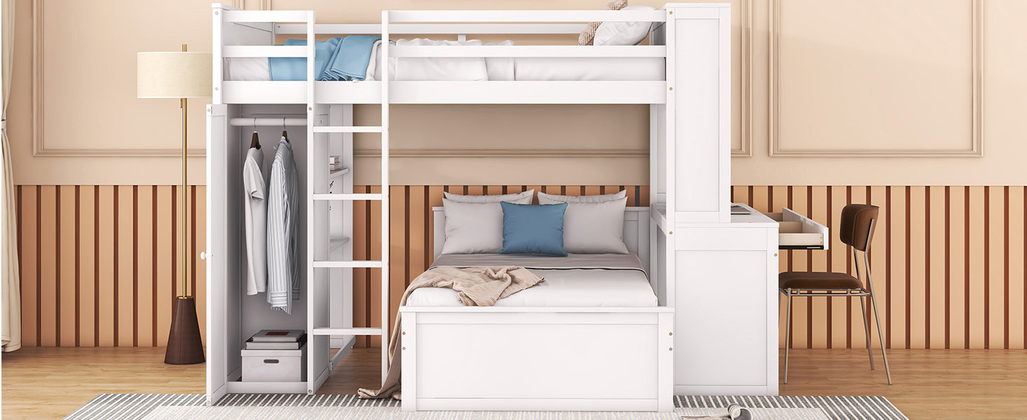 Full Size Loft Bed With A Twin Size Stand Alone Bed, Shelves,Desk,And Wardrobe White White Solid Wood