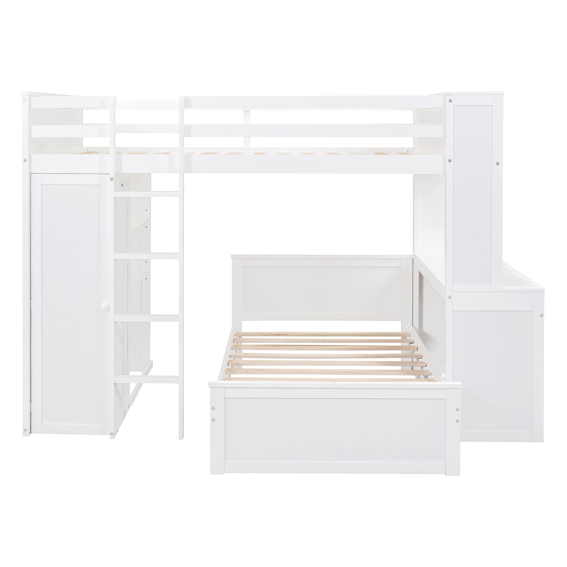 Full Size Loft Bed With A Twin Size Stand Alone Bed, Shelves,Desk,And Wardrobe White White Solid Wood