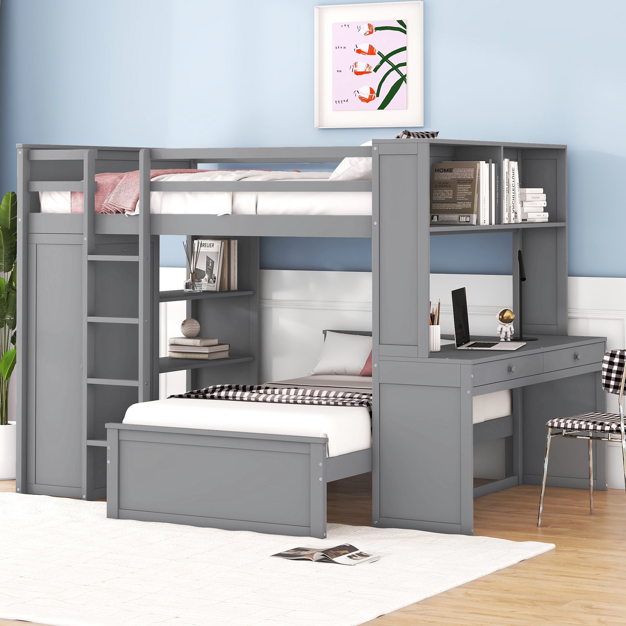 Full Size Loft Bed With A Twin Size Stand Alone Bed, Shelves,Desk,And Wardrobe Gray Gray Solid Wood