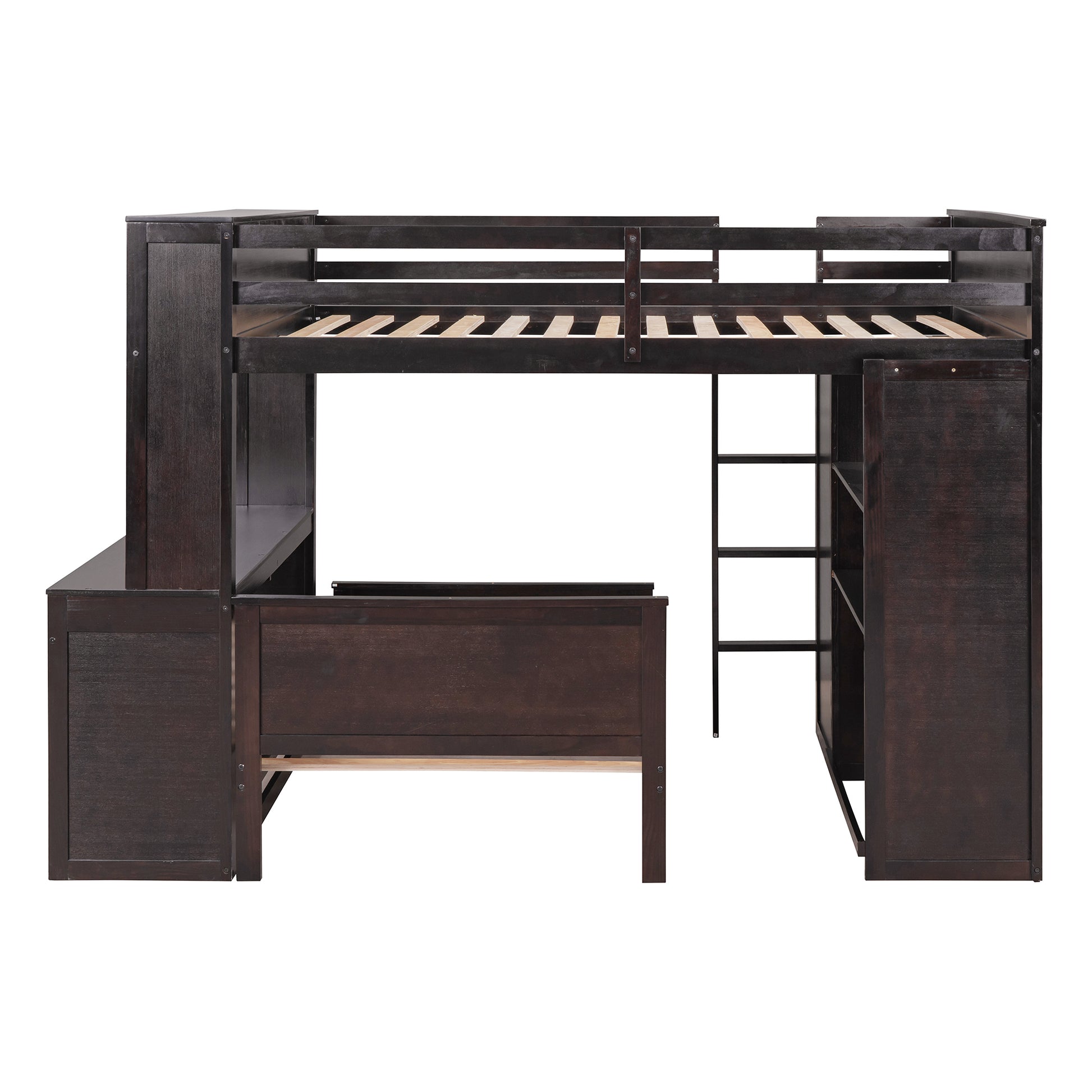 Full Size Loft Bed With A Twin Size Stand Alone Bed, Shelves,Desk,And Wardrobe Espresso Espresso Solid Wood
