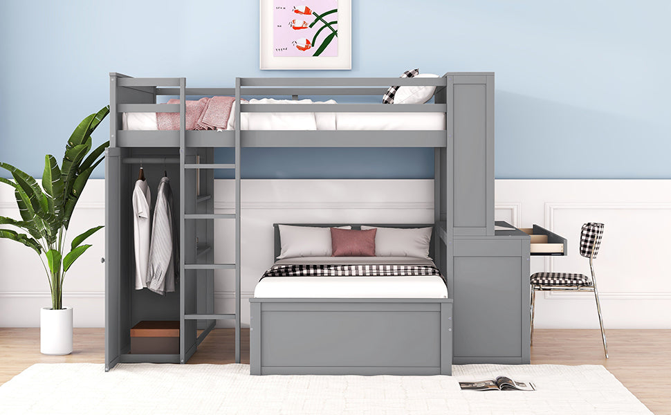 Full Size Loft Bed With A Twin Size Stand Alone Bed, Shelves,Desk,And Wardrobe Gray Gray Solid Wood