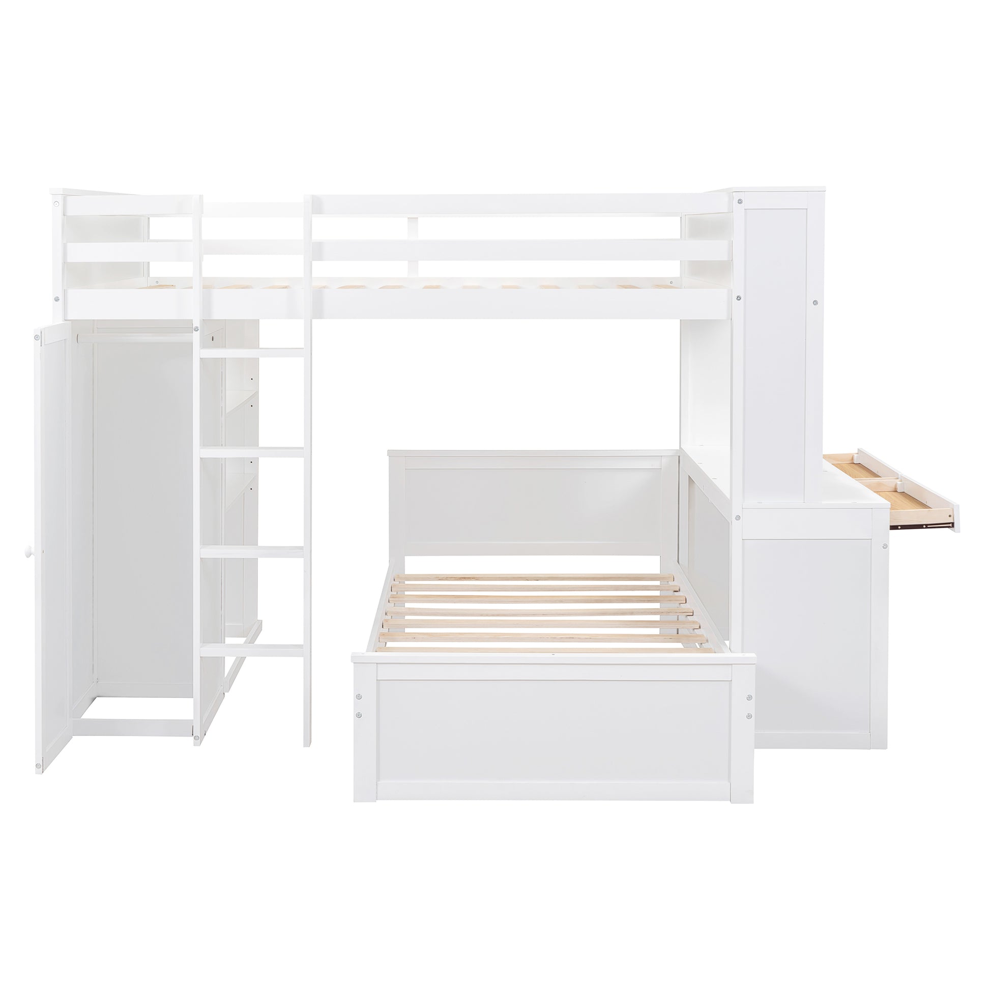 Full Size Loft Bed With A Twin Size Stand Alone Bed, Shelves,Desk,And Wardrobe White White Solid Wood