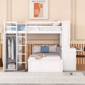 Full Size Loft Bed With A Twin Size Stand Alone Bed, Shelves,Desk,And Wardrobe White White Solid Wood