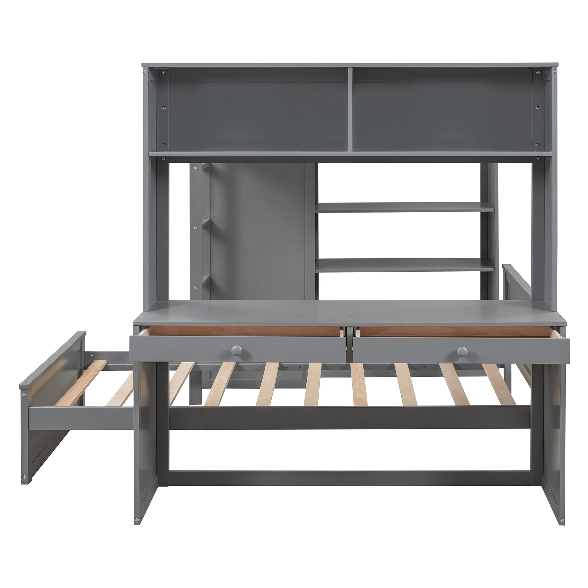 Full Size Loft Bed With A Twin Size Stand Alone Bed, Shelves,Desk,And Wardrobe Gray Gray Solid Wood