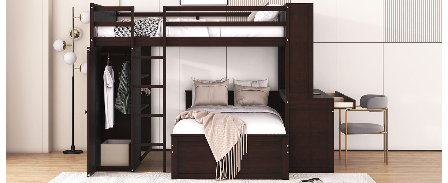 Full Size Loft Bed With A Twin Size Stand Alone Bed, Shelves,Desk,And Wardrobe Espresso Espresso Solid Wood