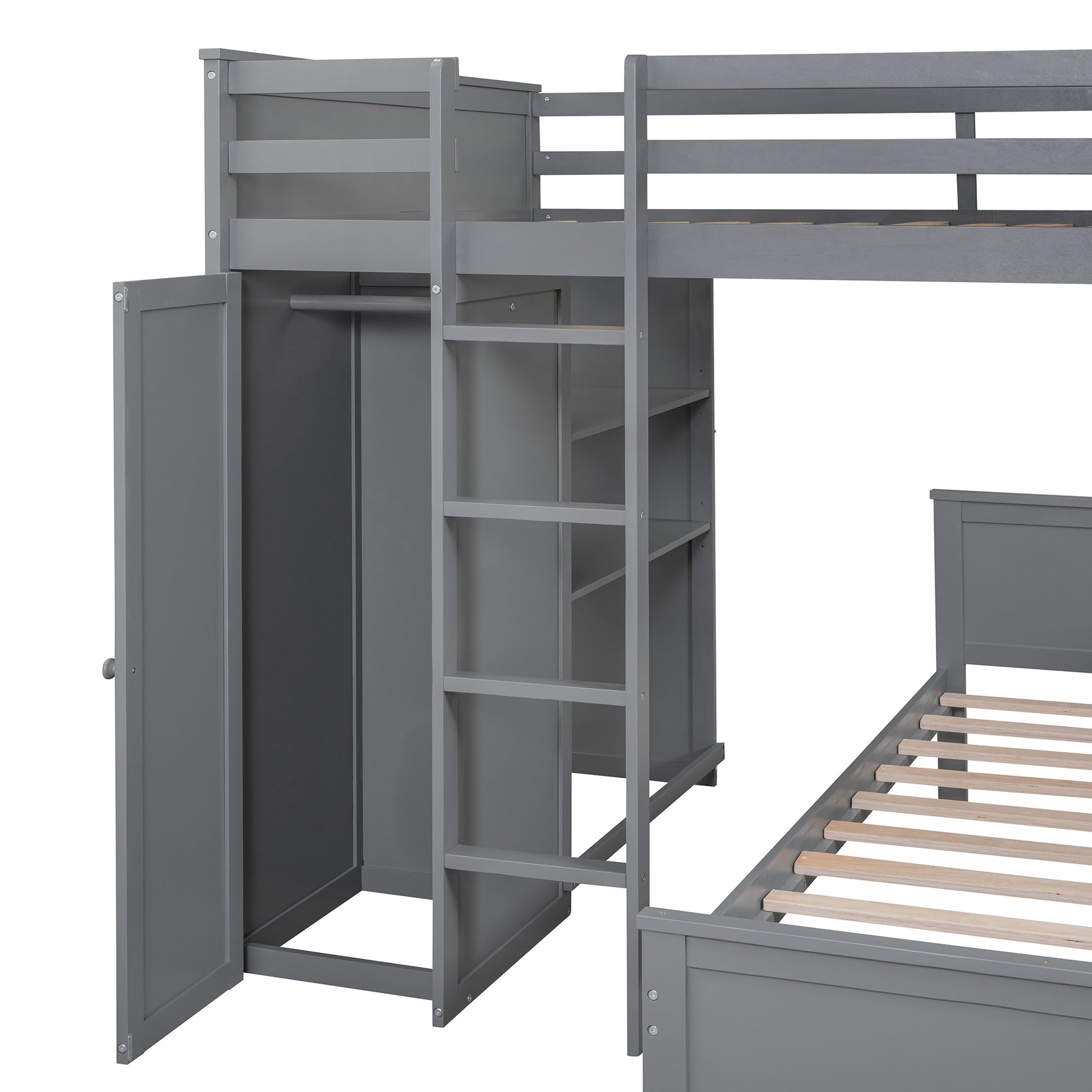 Full Size Loft Bed With A Twin Size Stand Alone Bed, Shelves,Desk,And Wardrobe Gray Gray Solid Wood