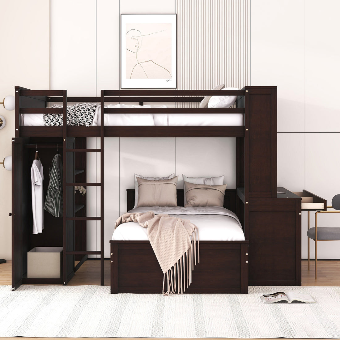 Full Size Loft Bed With A Twin Size Stand Alone Bed, Shelves,Desk,And Wardrobe Espresso Espresso Solid Wood