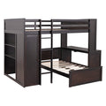 Full Size Loft Bed With A Twin Size Stand Alone Bed, Shelves,Desk,And Wardrobe Espresso Espresso Solid Wood