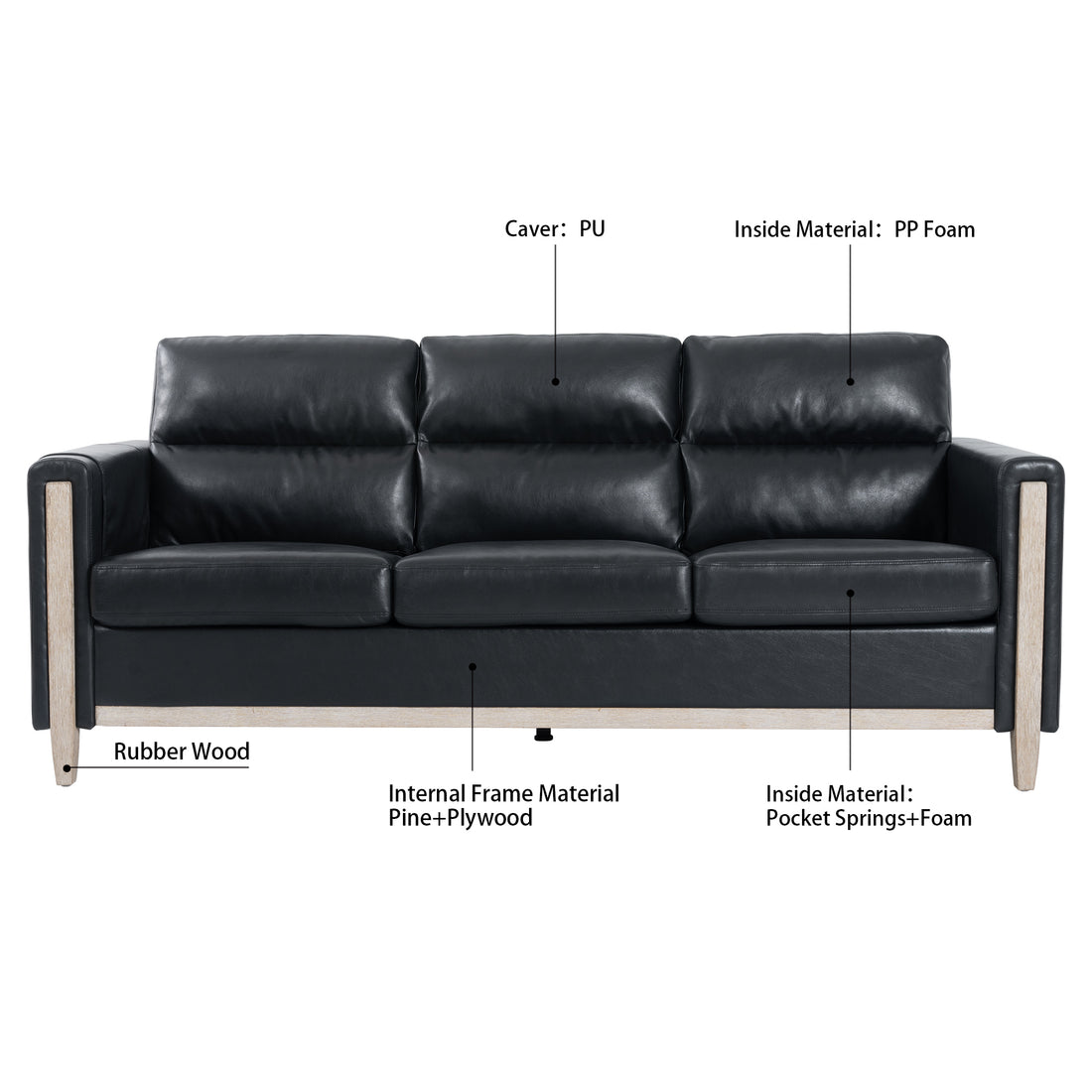 Comfortable Solid Wood Three Seater Sofa Soft Cushions, Durable And Long Lasting,79.5" Sofa Couch For Living Room Black Pu Pu