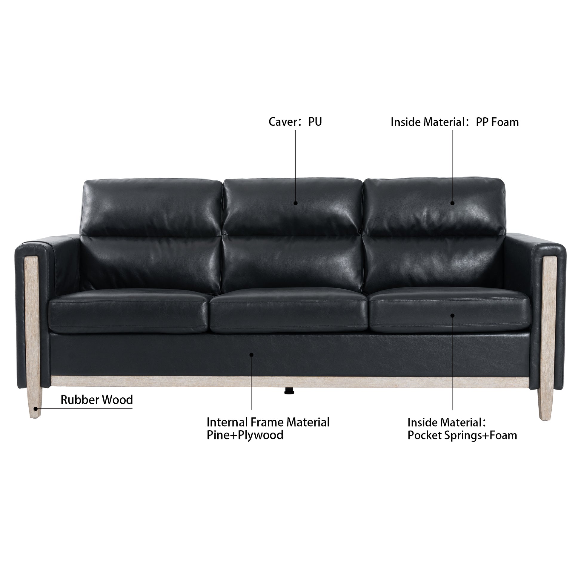 Comfortable Solid Wood Three Seater Sofa Soft Cushions, Durable And Long Lasting,79.5" Sofa Couch For Living Room Black Pu Pu