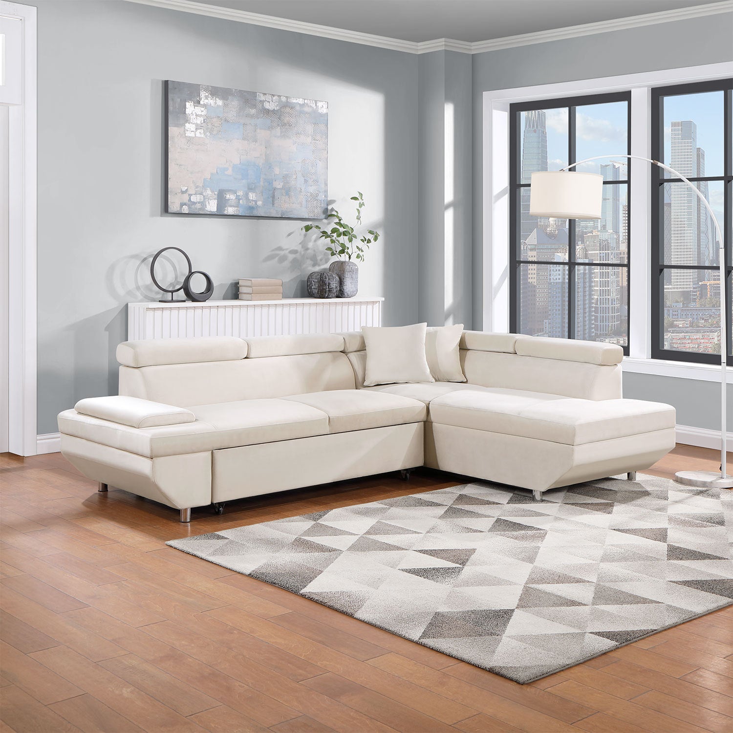 L Shape Sofa, Sleeper Sofa 2 In 1 Pull Out Couch Bed, Right Facing Pull Out Bed For Living Room, Metal Legs, Velvet Beige Beige Fabric