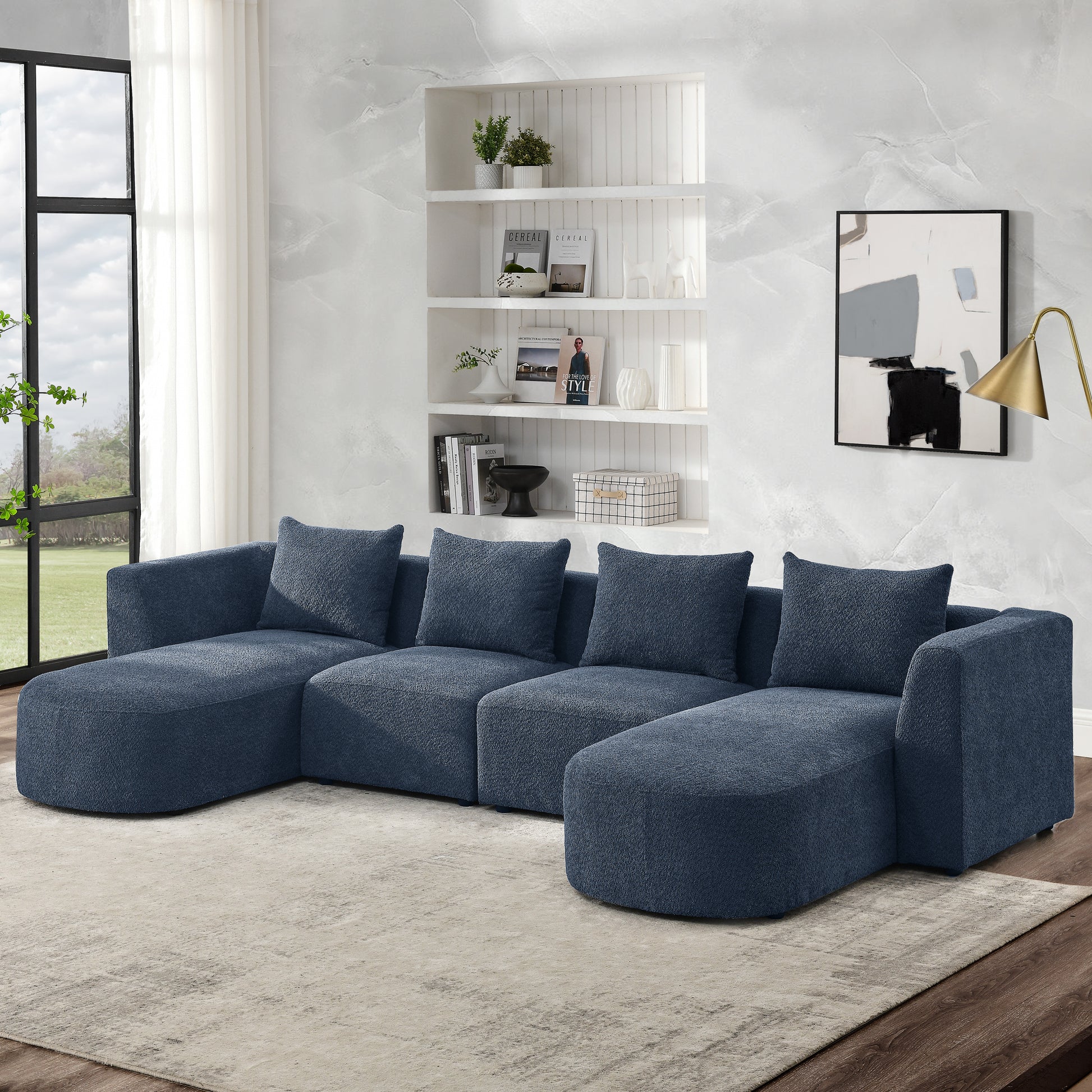 U Shape Sectional Sofa Including Two Single Seats And Two Chaises, Modular Sofa, Diy Combination, Loop Yarn Fabric, Navy Navy Wood Medium Soft Tight Back Eucalyptus Square Arms Polyester 4 Seat