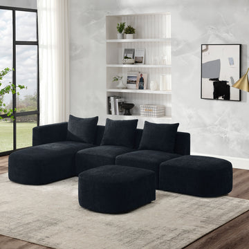 L Shape Sectional Sofa Including Two Single Seats, Left Side Chaise And Two Ottomans, Modular Sofa, Diy Combination, Loop Yarn Fabric, Black Black Polyester Wood Medium Soft Tight Back Eucalyptus Square Arms Polyester 5 Seat