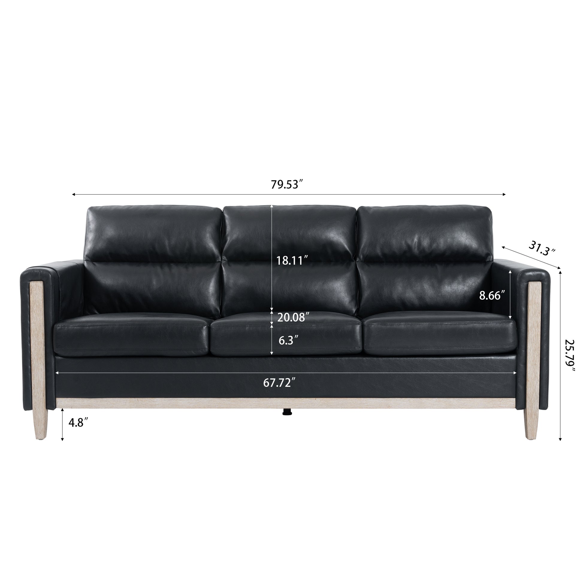 Comfortable Solid Wood Three Seater Sofa Soft Cushions, Durable And Long Lasting,79.5" Sofa Couch For Living Room Black Pu Pu
