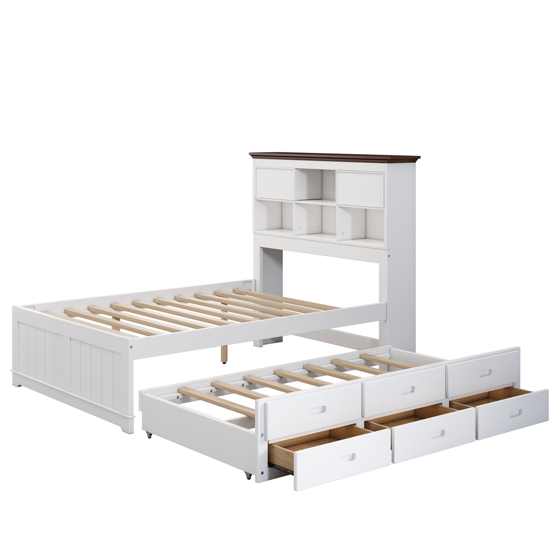 3 Pieces Wooden Captain Bedroom Set Full Bed With Trundle, Nightstand And Dresser, White Walnut White Walnut Wood