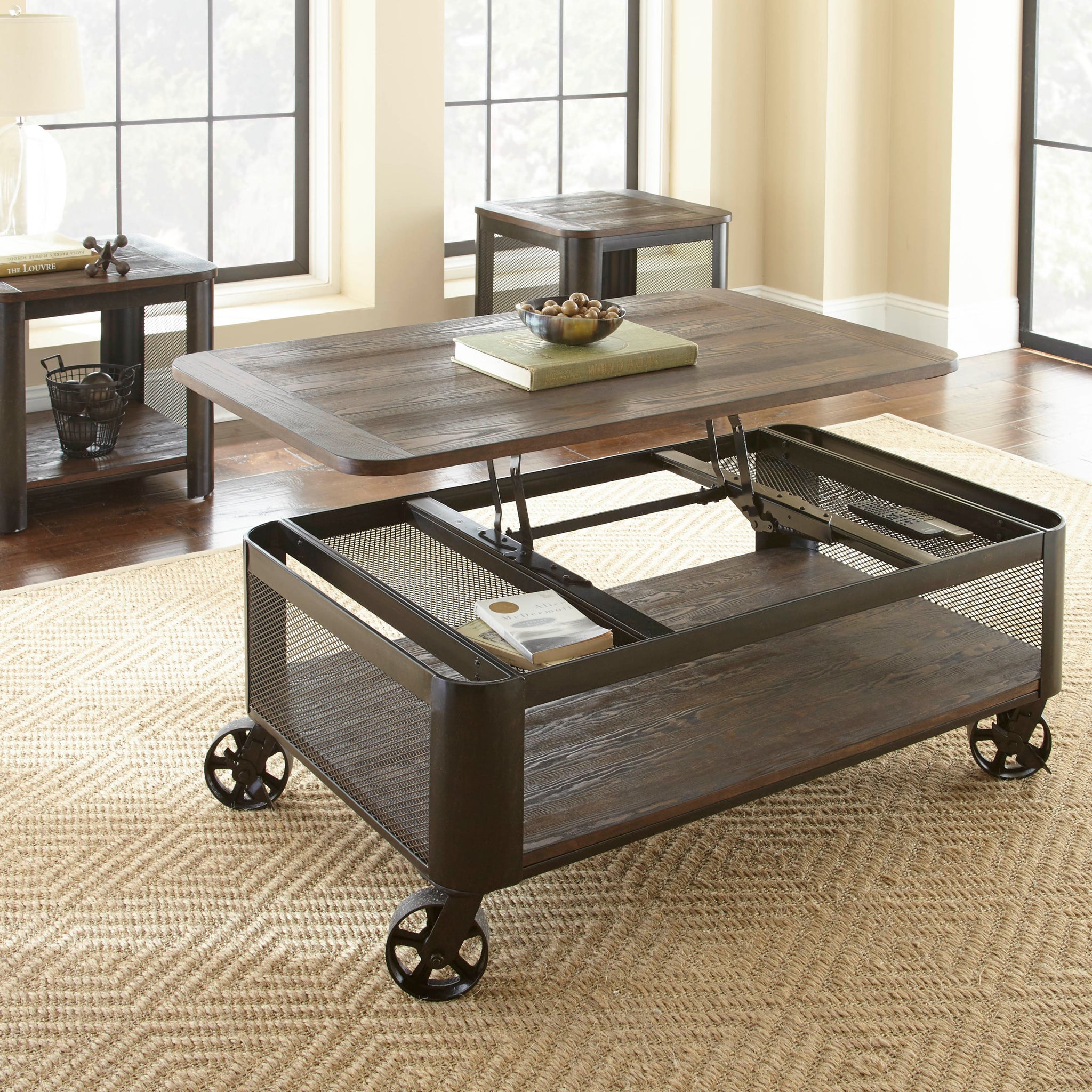 Rustic Wire Brushed End Table Urban Suburban Style Wire Mesh, Industrial Wheels, Rustic Wood Effect Brown Solid Wood Mdf