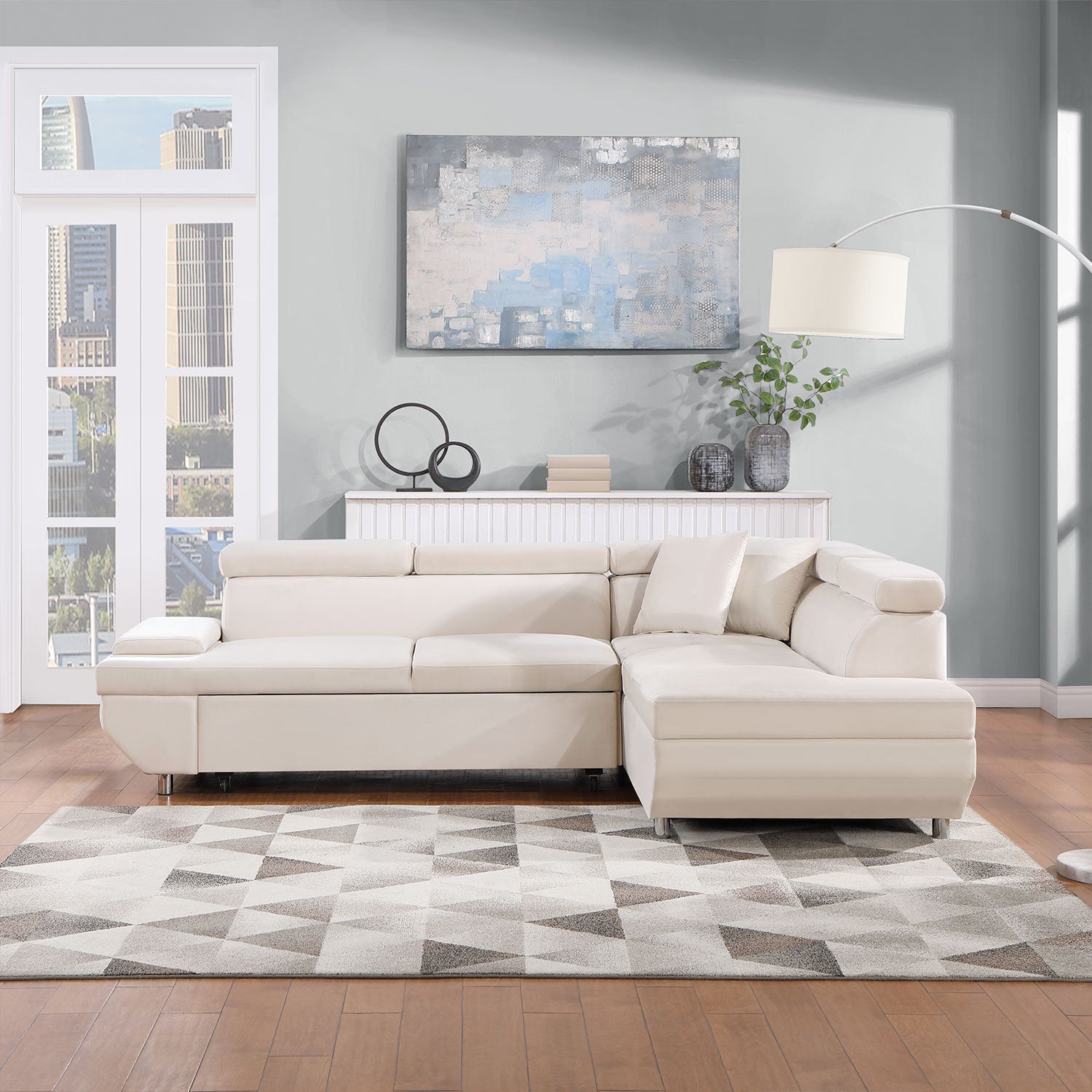 L Shape Sofa, Sleeper Sofa 2 In 1 Pull Out Couch Bed, Right Facing Pull Out Bed For Living Room, Metal Legs, Velvet Beige Beige Fabric