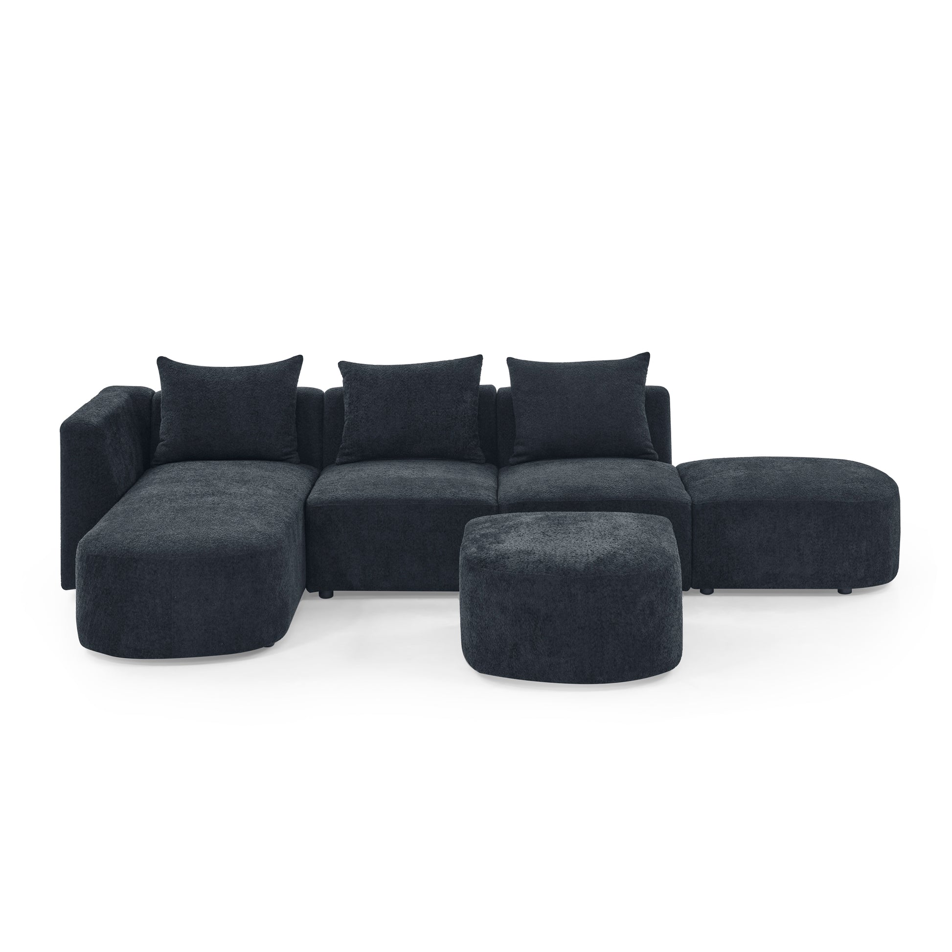 L Shape Sectional Sofa Including Two Single Seats, Left Side Chaise And Two Ottomans, Modular Sofa, Diy Combination, Loop Yarn Fabric, Black Black Polyester Wood Medium Soft Tight Back Eucalyptus Square Arms Polyester 5 Seat