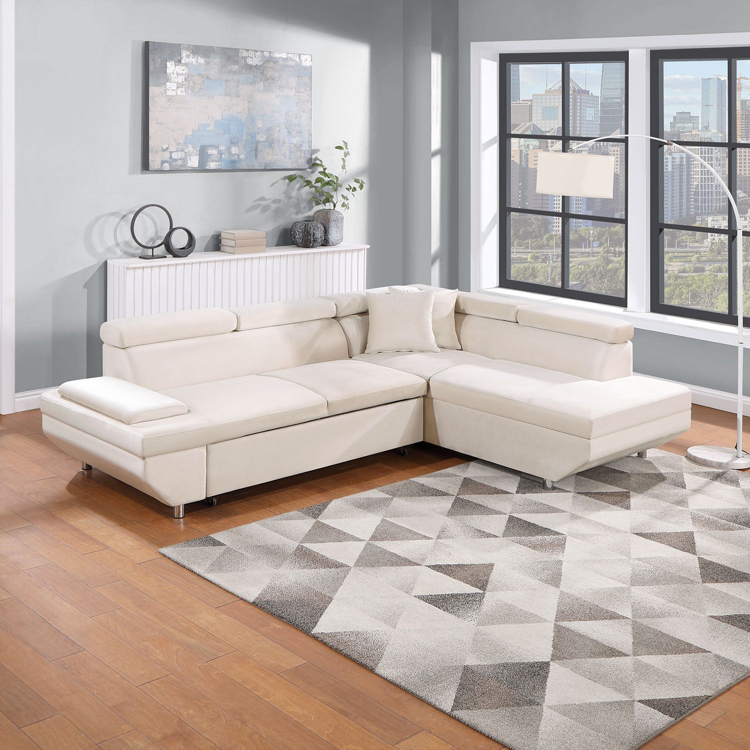 L Shape Sofa, Sleeper Sofa 2 In 1 Pull Out Couch Bed, Right Facing Pull Out Bed For Living Room, Metal Legs, Velvet Beige Beige Fabric