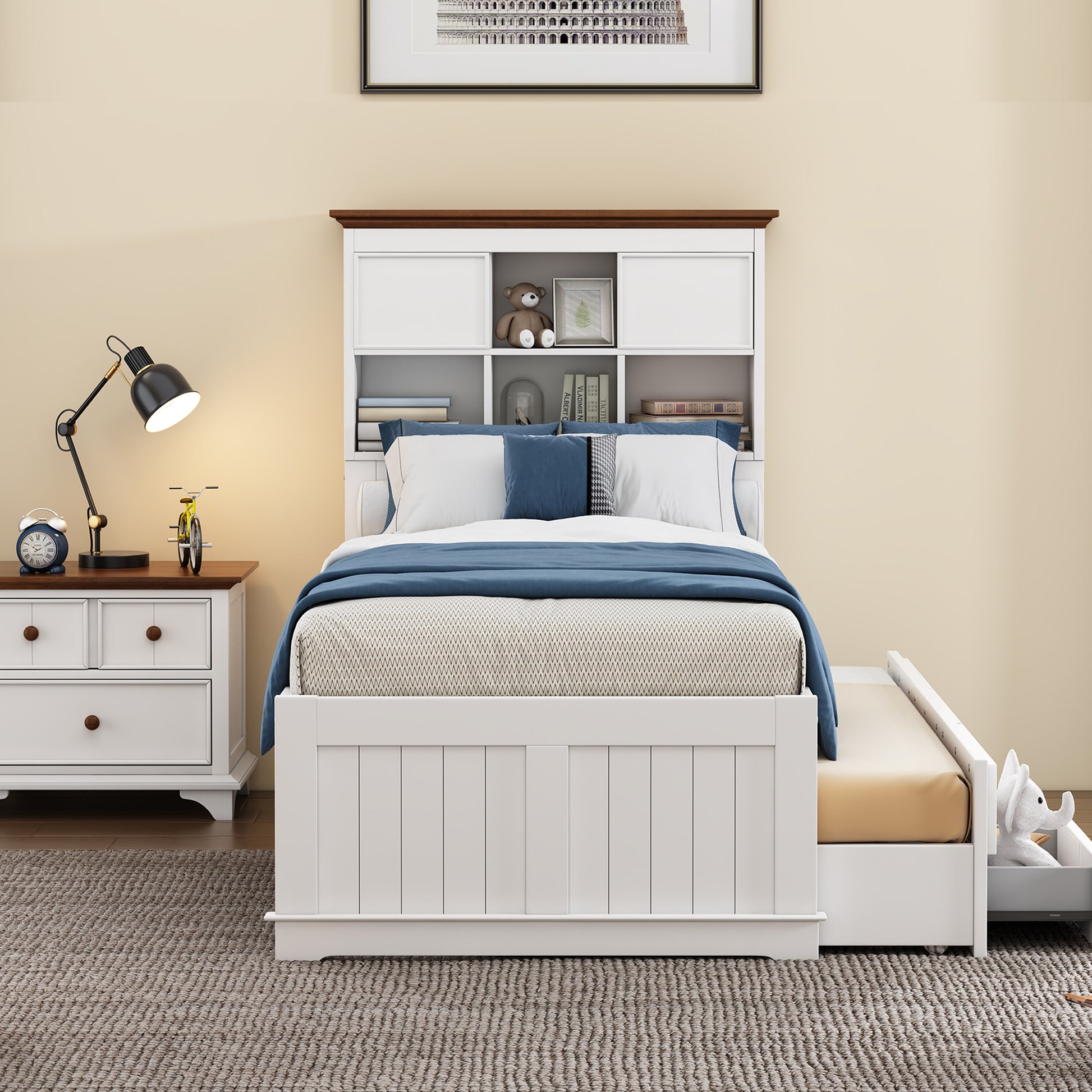 2 Pieces Wooden Captain Bedroom Set Twin Bed With Trundle And Nightstand,White Walnut White Walnut Wood