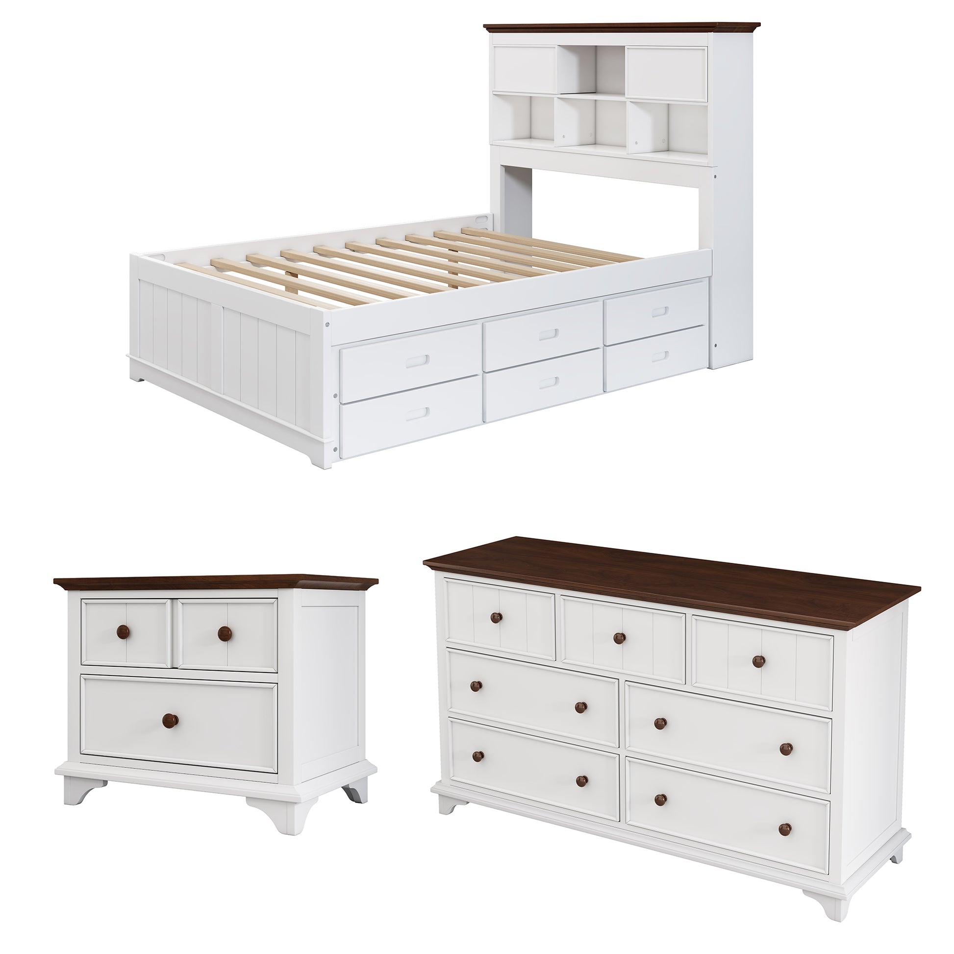 3 Pieces Wooden Captain Bedroom Set Full Bed With Trundle, Nightstand And Dresser, White Walnut White Walnut Wood