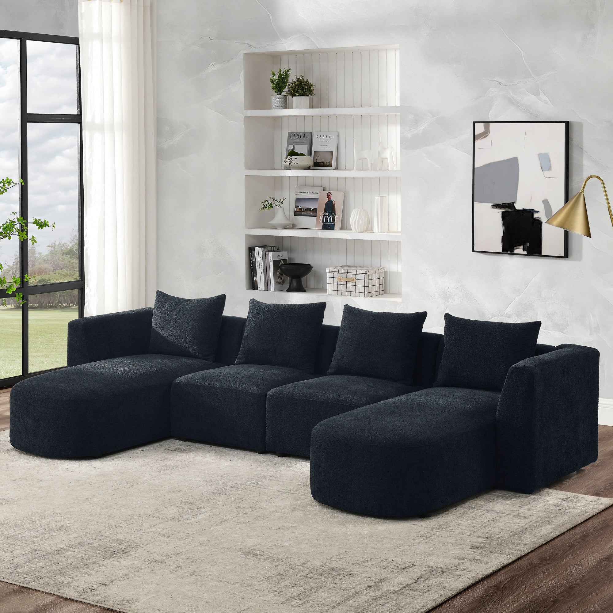 U Shape Sectional Sofa Including Two Single Seats And Two Chaises, Modular Sofa, Diy Combination, Loop Yarn Fabric, Black Black Wood Medium Soft Tight Back Eucalyptus Square Arms Polyester 5 Seat