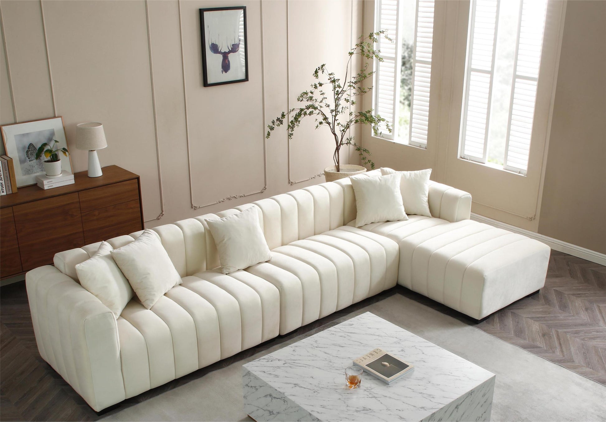 L Shape Sectional Sofa With Deep Tufted Velvet Upholstered Right Chaise Modular Sofa Beige Beige Fabric