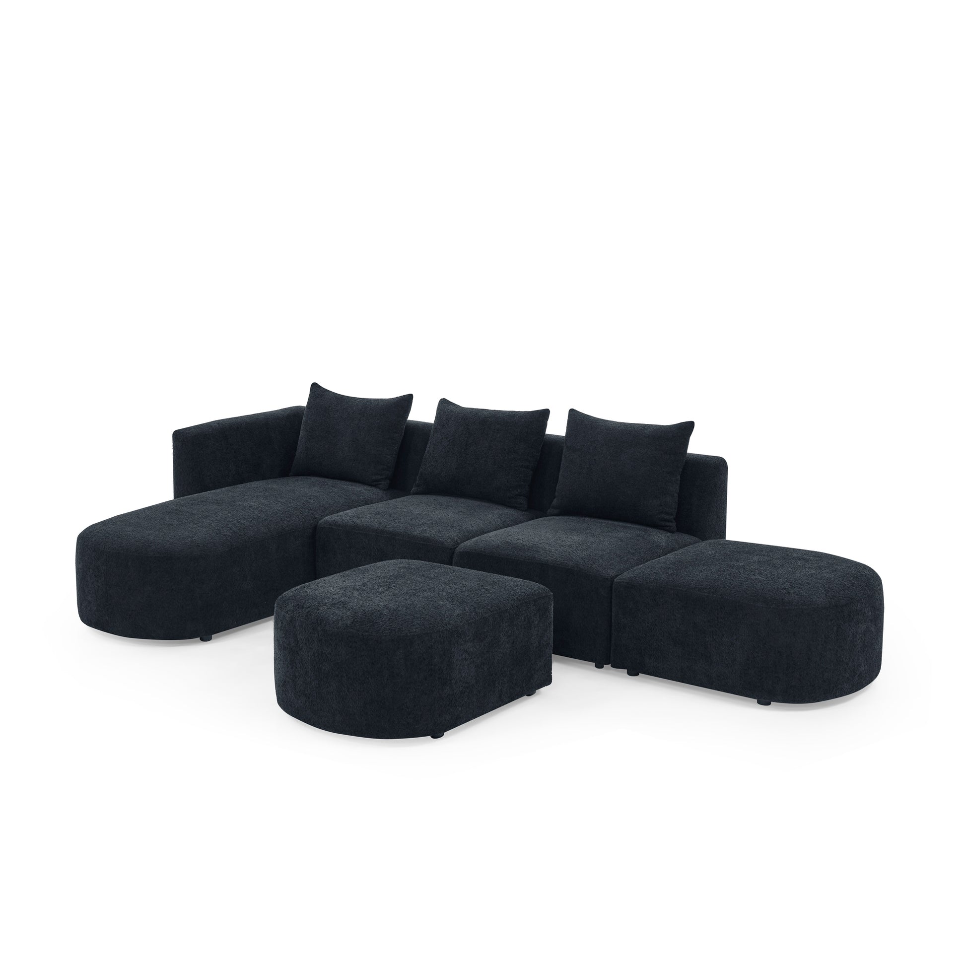 L Shape Sectional Sofa With Right Side Chaise And Ottoman, Modular Sofa, Diy Combination, Loop Yarn Fabric, Black Black Polyester Wood Tight Back Eucalyptus Square Arms Polyester 5 Seat